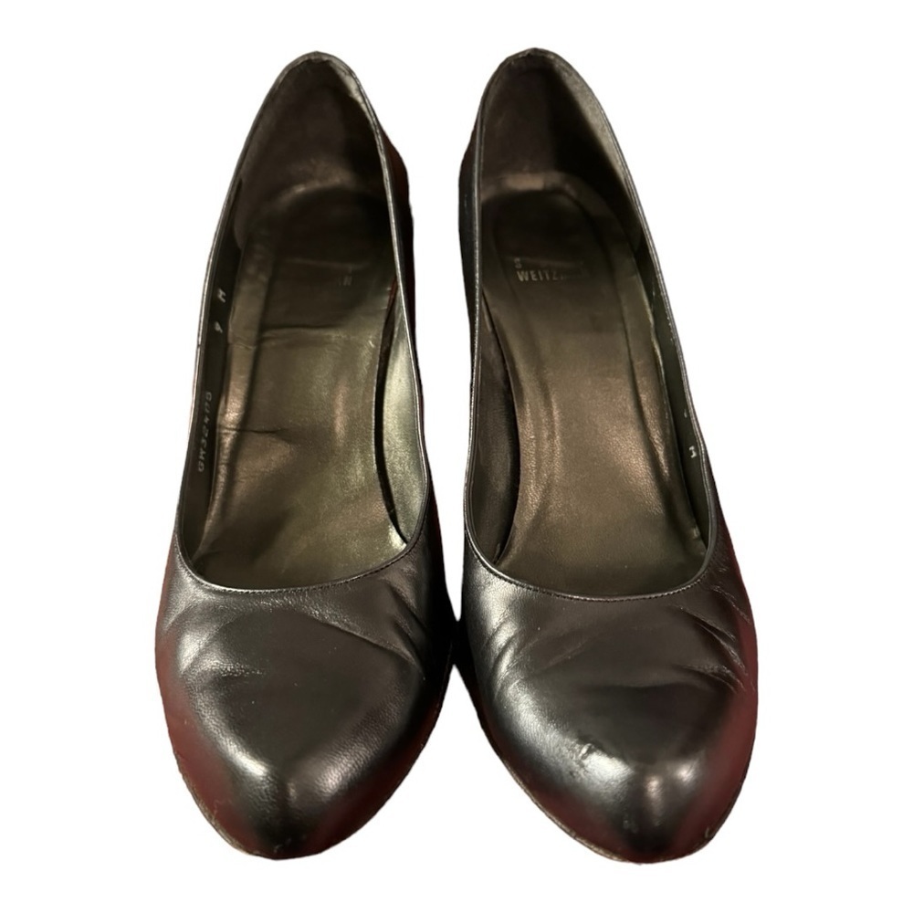 Stuart Weitzman Black Leather Pumps with Silver Accent Block Heel, Size 9 - Picture 3 of 12